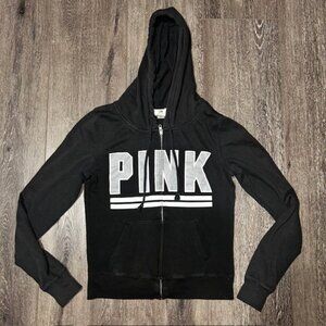PINK Victoria’s Secret Black Hoodie LOGO Full Zip Front Women's Size XS